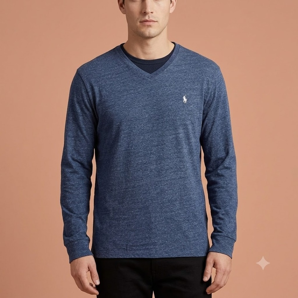 Polo Ralph Lauren Shirt Mens L Blue Heather Long Sleeve V-Neck Cotton Pony Logo